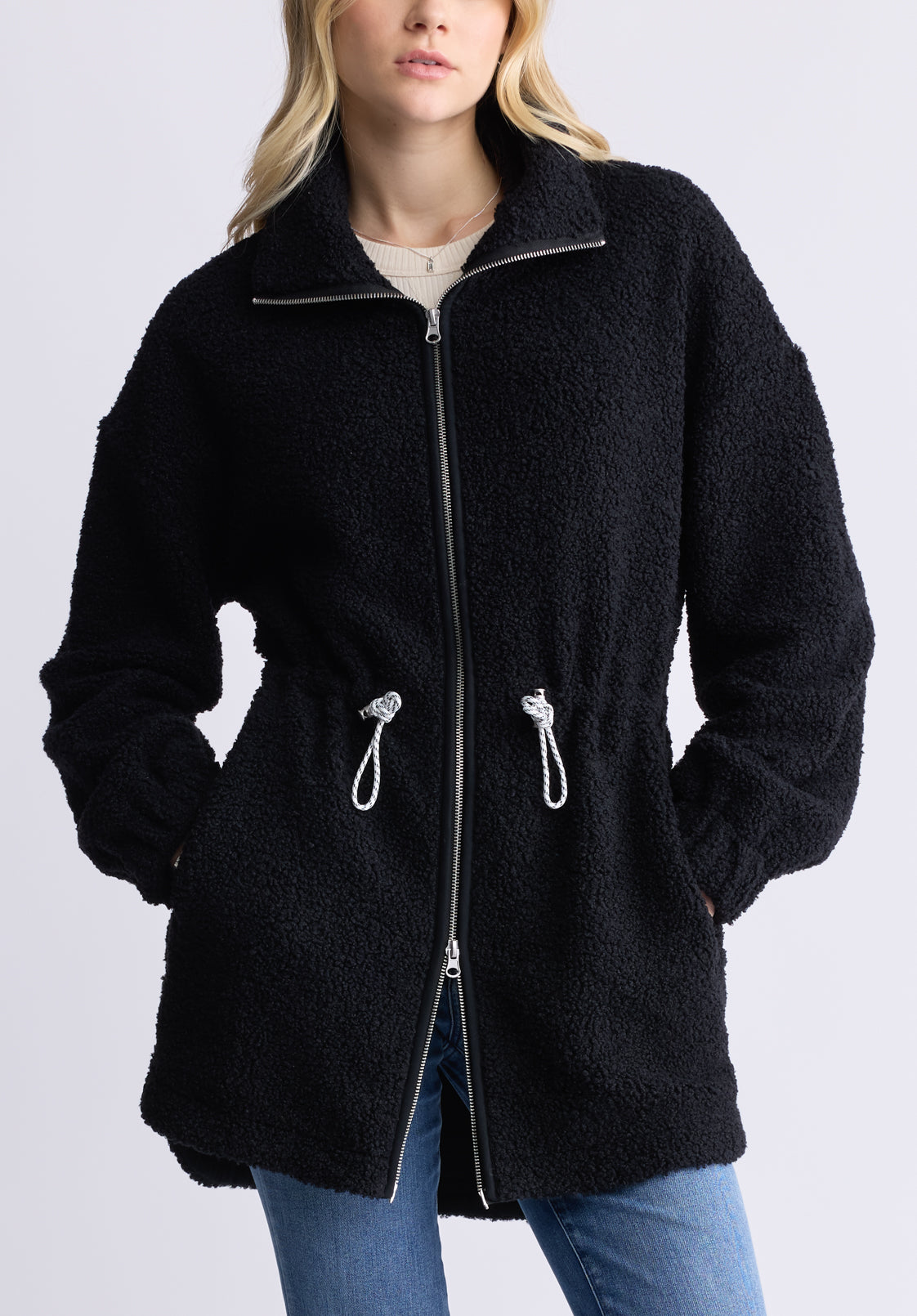 Citra Women's Cinch-Waist Full-Zip Sherpa Coat. Black  - JK0038F