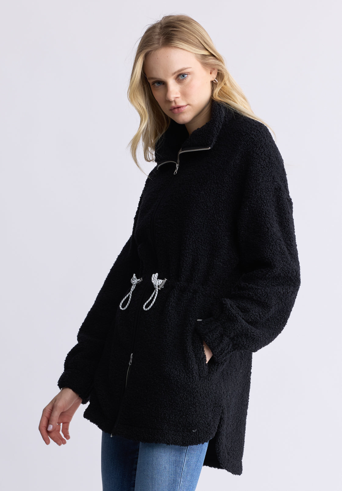 Citra Women's Cinch-Waist Full-Zip Sherpa Coat. Black  - JK0038F
