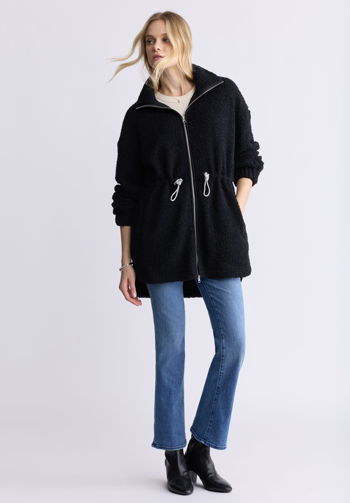 Citra Women's Cinch-Waist Full-Zip Sherpa Coat. Black  - JK0038F