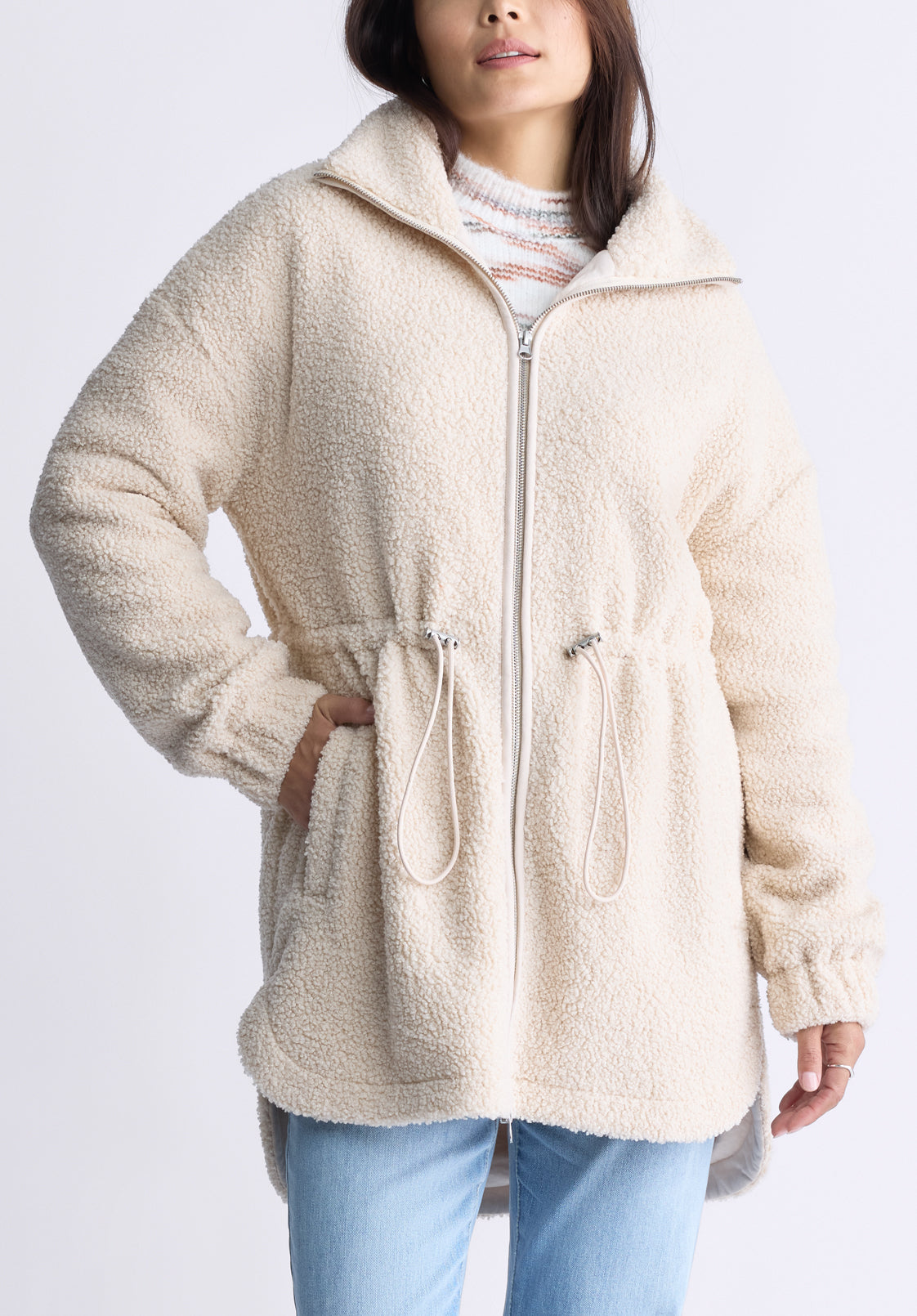 Citra Women's Cinch-Waist Full-Zip Sherpa Coat. Oatmeal  - JK0038F