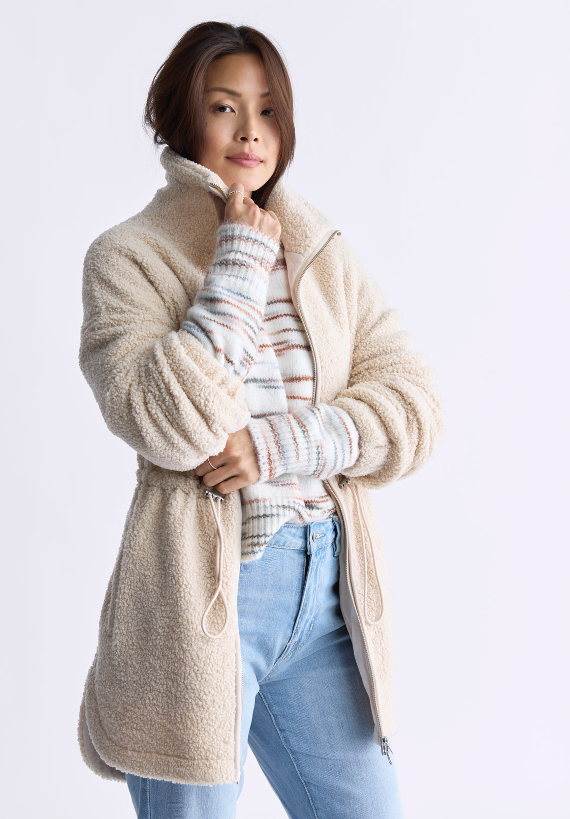 Citra Women's Cinch-Waist Full-Zip Sherpa Coat. Oatmeal  - JK0038F