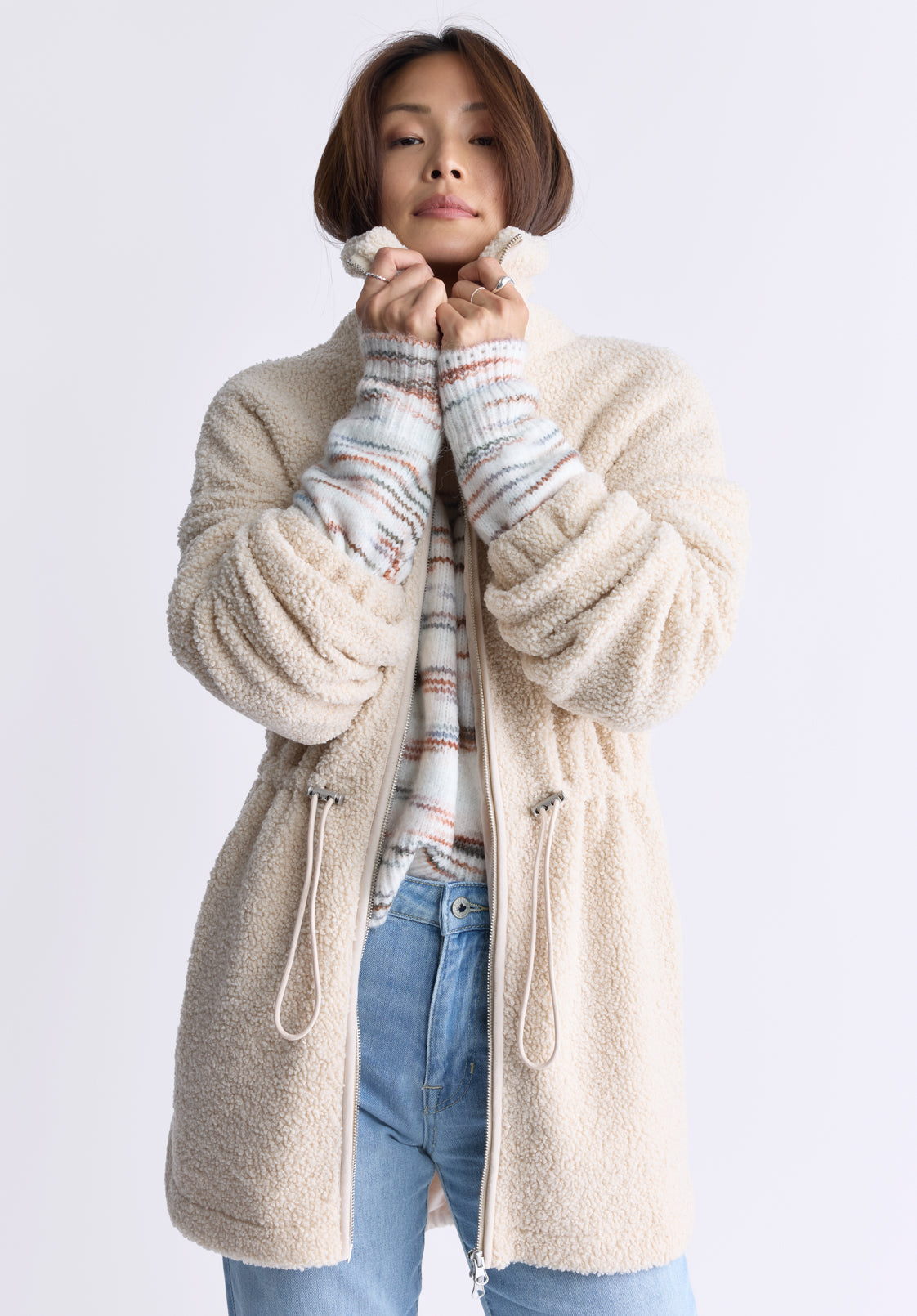 Citra Women's Cinch-Waist Full-Zip Sherpa Coat. Oatmeal  - JK0038F