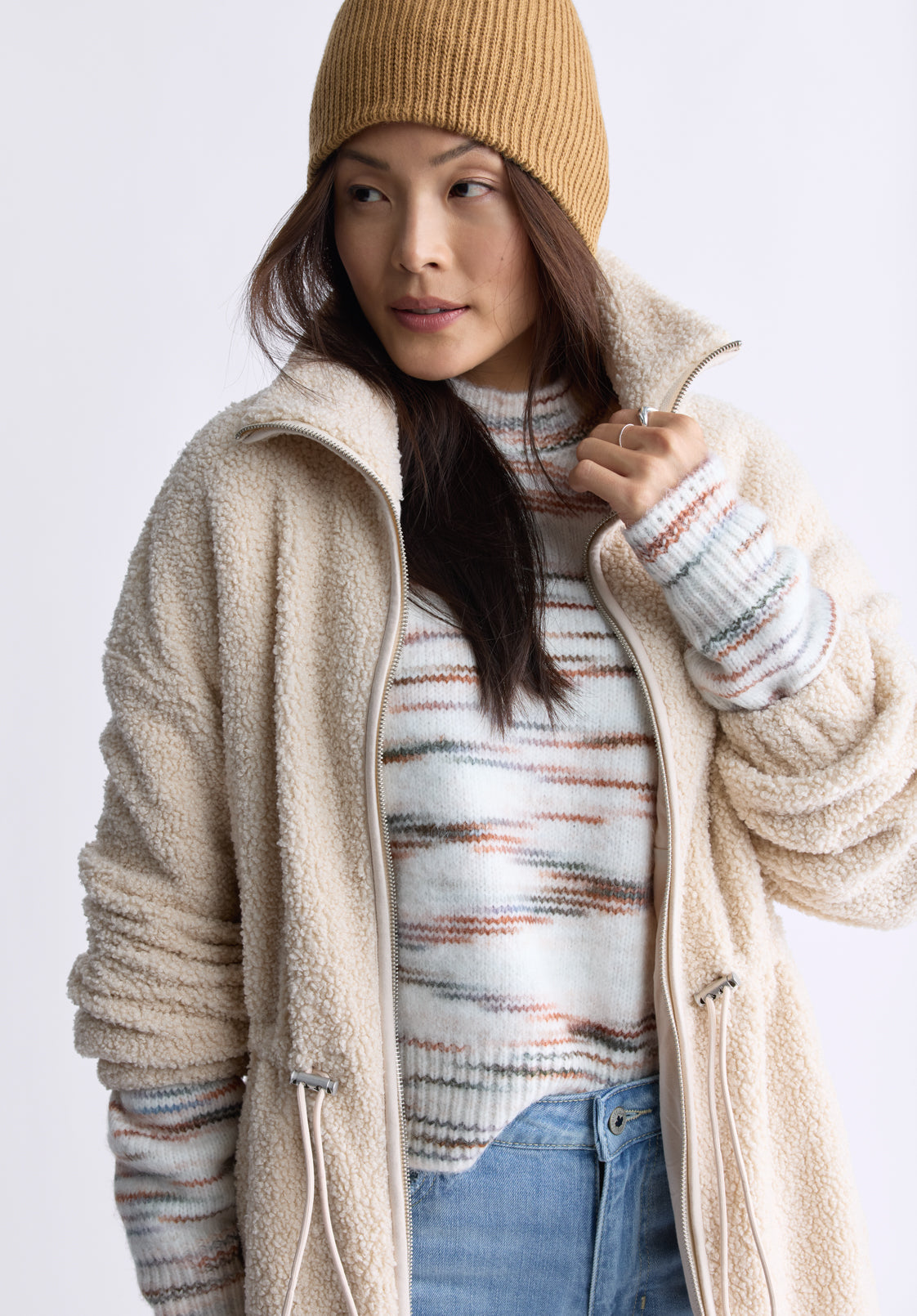 Citra Women's Cinch-Waist Full-Zip Sherpa Coat. Oatmeal  - JK0038F