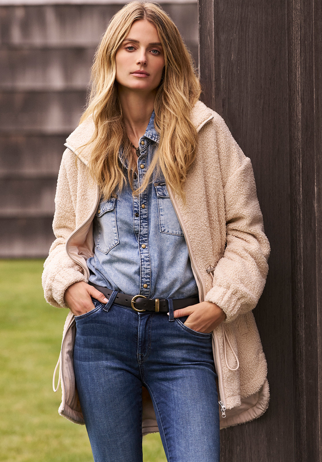 Citra Women's Cinch-Waist Full-Zip Sherpa Coat. Oatmeal  - JK0038F