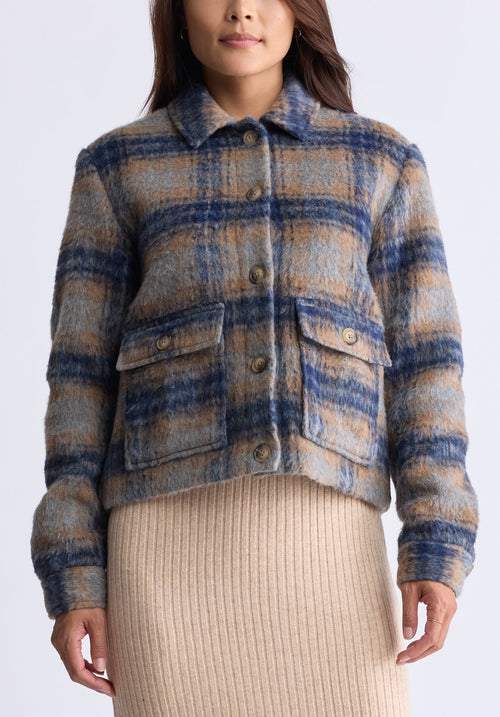 Avalee Women's Buttoned Plaid Jacket with Pockets. Grey & Navy - JK0039F