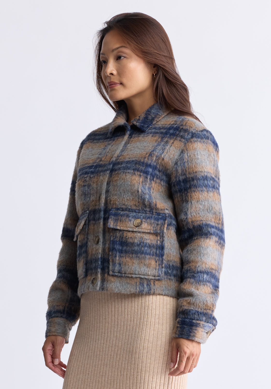 Avalee Women's Buttoned Plaid Jacket with Pockets. Grey & Navy - JK0039F