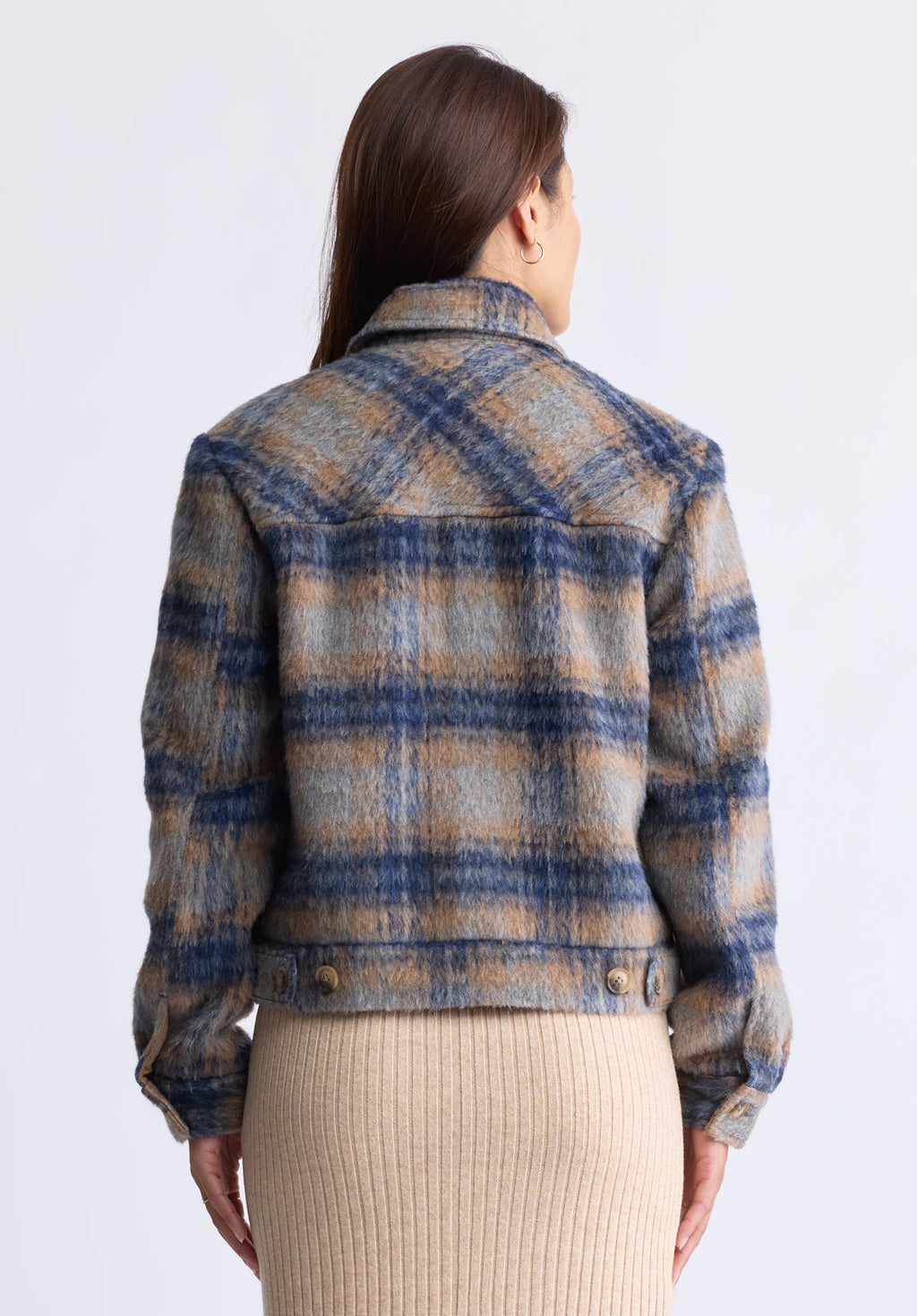 Avalee Women's Buttoned Plaid Jacket with Pockets. Grey & Navy - JK0039F