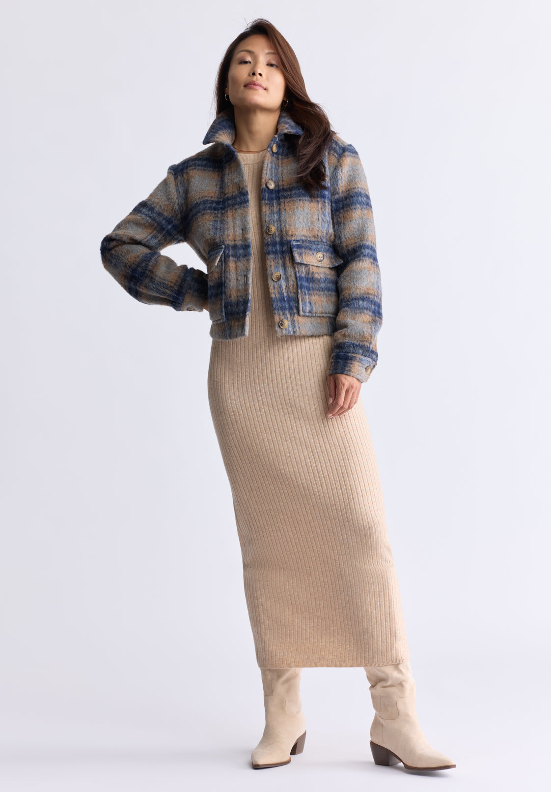 Avalee Women's Buttoned Plaid Jacket with Pockets. Grey & Navy - JK0039F