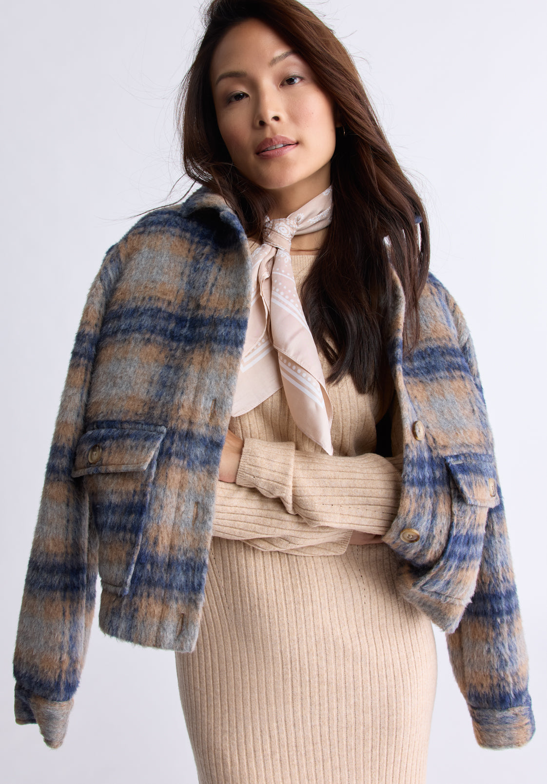 Avalee Women's Buttoned Plaid Jacket with Pockets. Grey & Navy - JK0039F