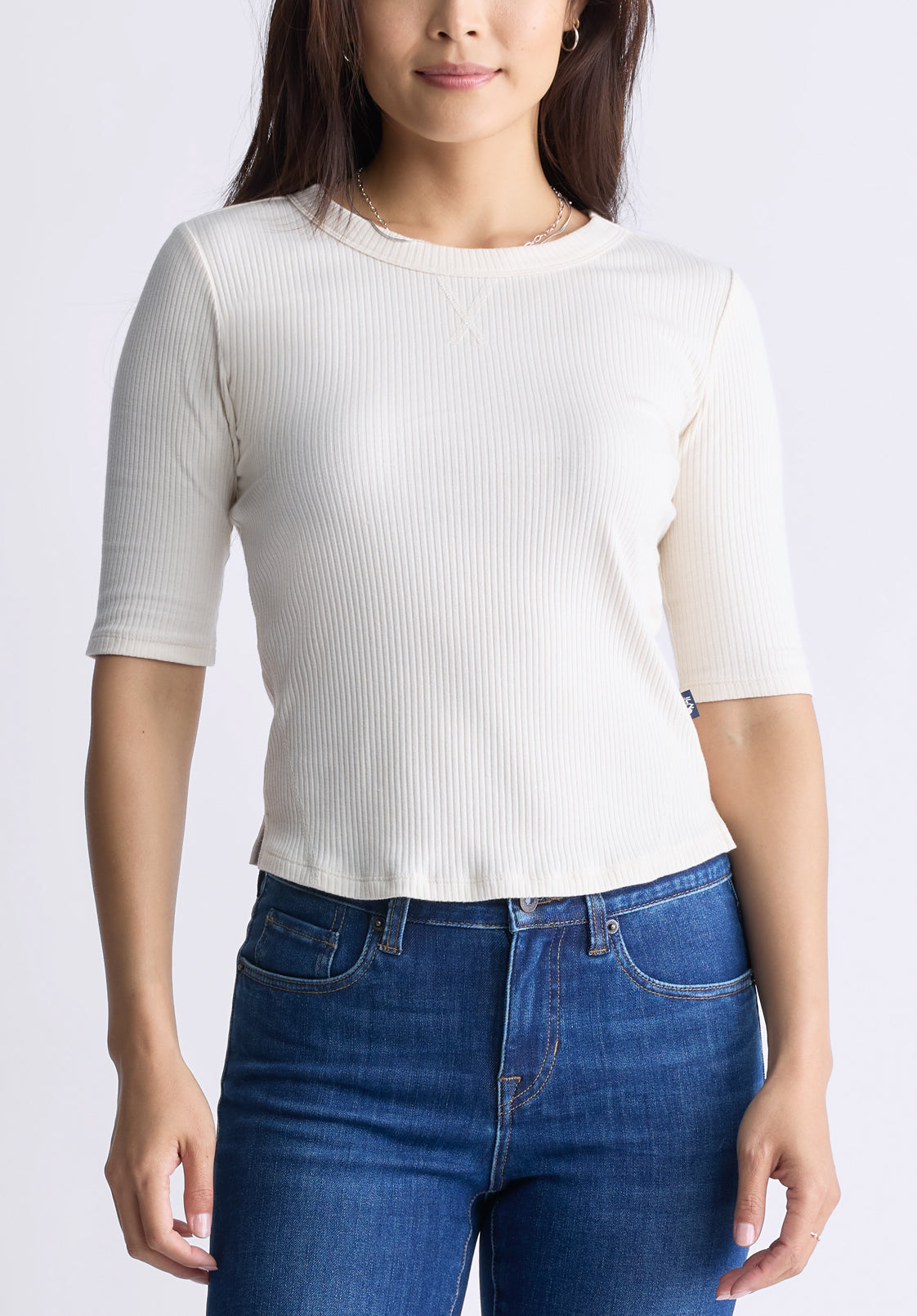Tabbey Women's Elbow-Length Sleeve Ribbed Top. White - KT0166F