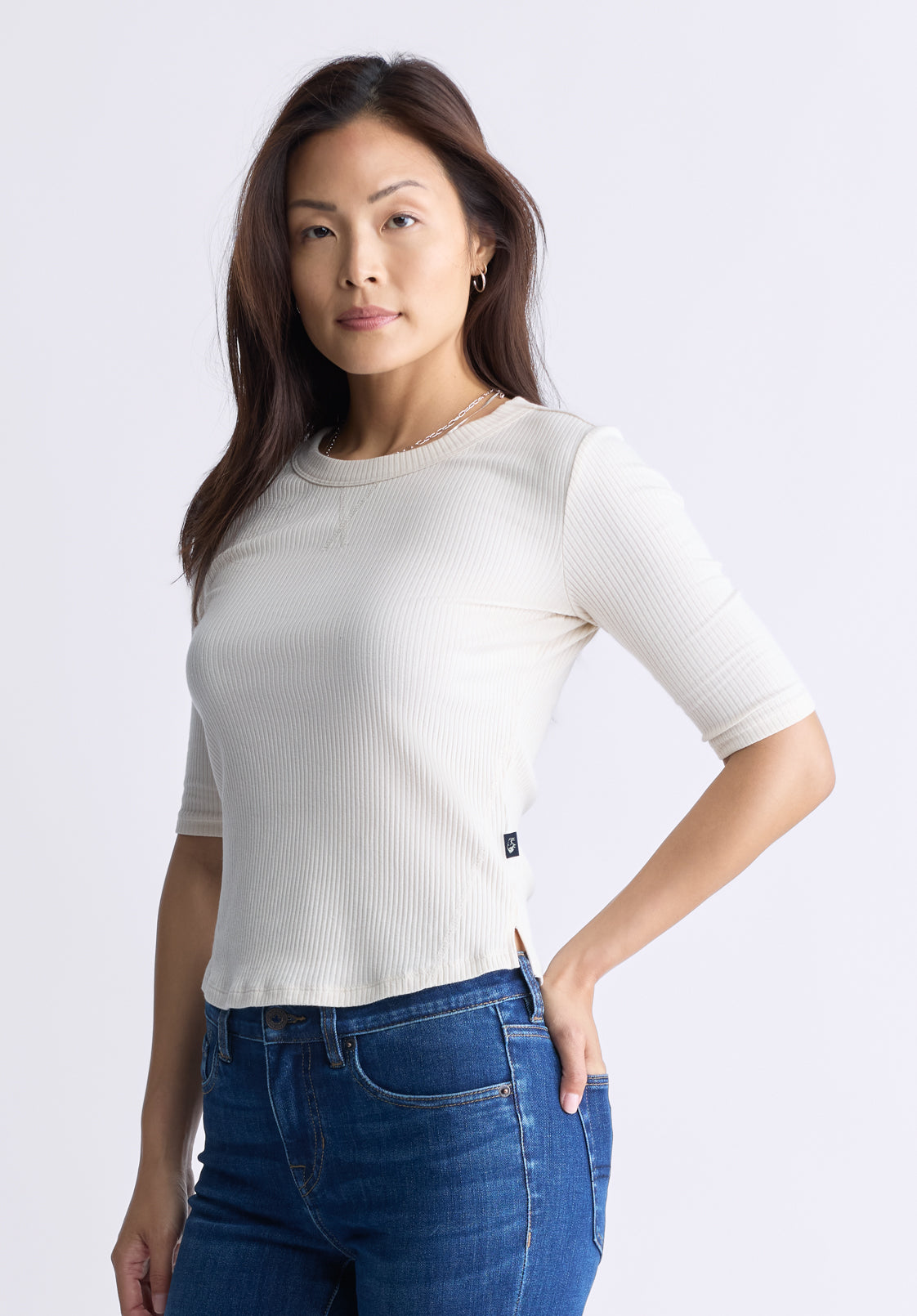 Tabbey Women's Elbow-Length Sleeve Ribbed Top. White - KT0166F