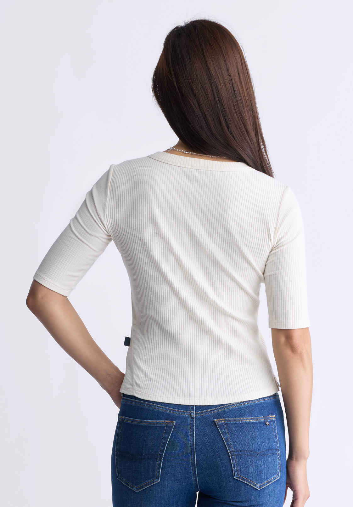 Tabbey Women's Elbow-Length Sleeve Ribbed Top. White - KT0166F