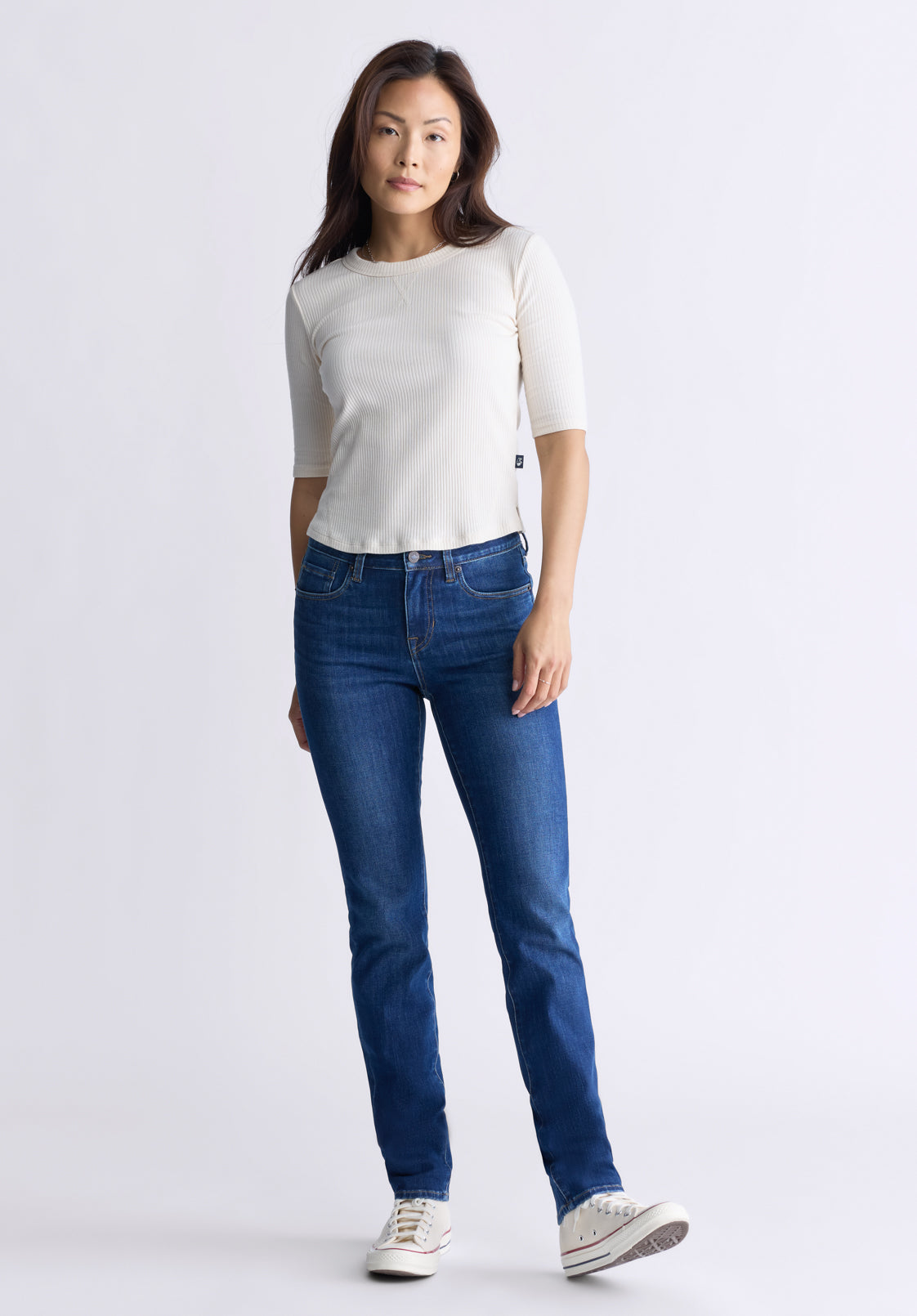 Tabbey Women's Elbow-Length Sleeve Ribbed Top. White - KT0166F