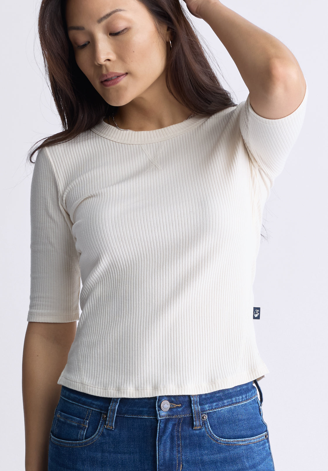 Tabbey Women's Elbow-Length Sleeve Ribbed Top. White - KT0166F