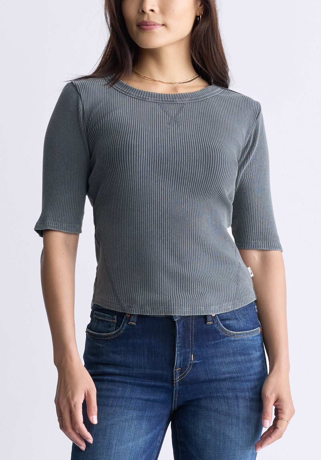 Tabbey Women's Elbow-Length Sleeve Ribbed Top. Raven Grey  - KT0152F