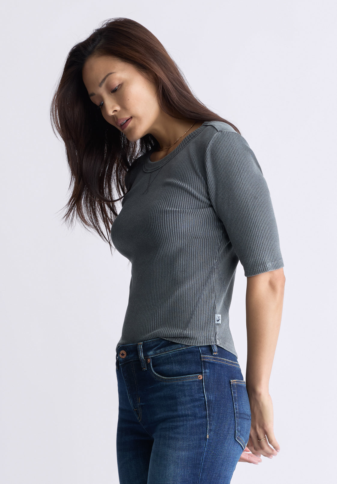 Tabbey Women's Elbow-Length Sleeve Ribbed Top. Raven Grey  - KT0152F