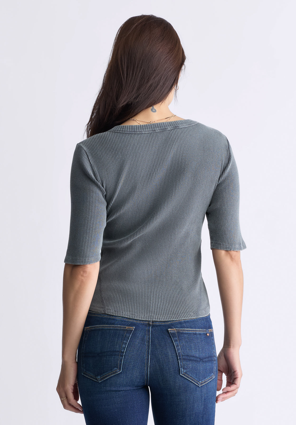 Tabbey Women's Elbow-Length Sleeve Ribbed Top. Raven Grey  - KT0152F