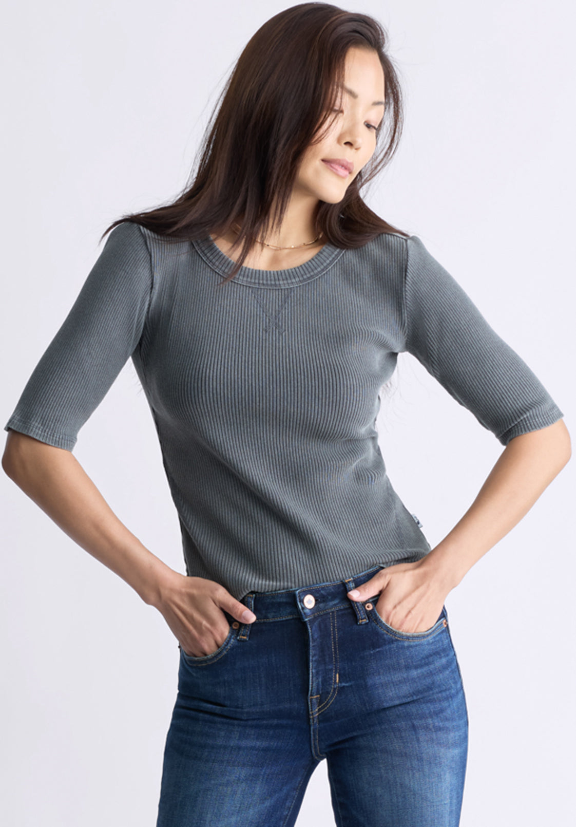 Tabbey Women's Elbow-Length Sleeve Ribbed Top. Raven Grey  - KT0152F