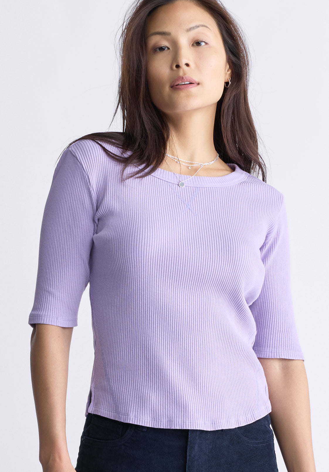 Tabbey Women's Elbow-Length Sleeve Ribbed Top. Purple - KT0152F