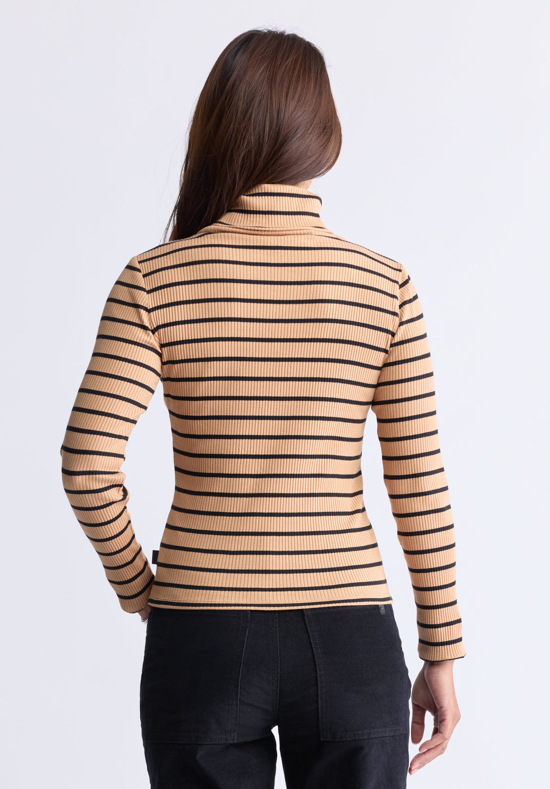 Mavra Women's Striped Ribbed Turtleneck Top. Beige - KT0161F