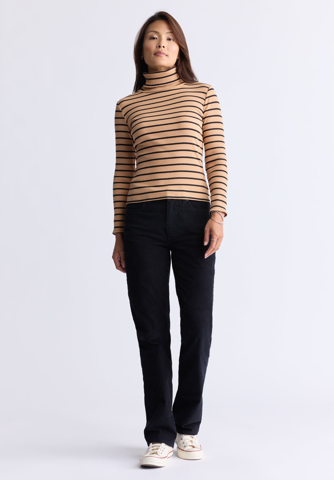 Mavra Women's Striped Ribbed Turtleneck Top. Beige - KT0161F