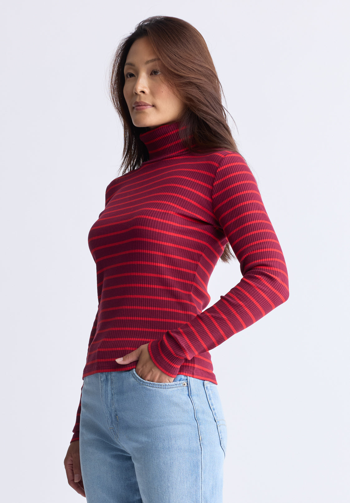 Mavra Women's Striped Ribbed Turtleneck Top. Red - KT0161F