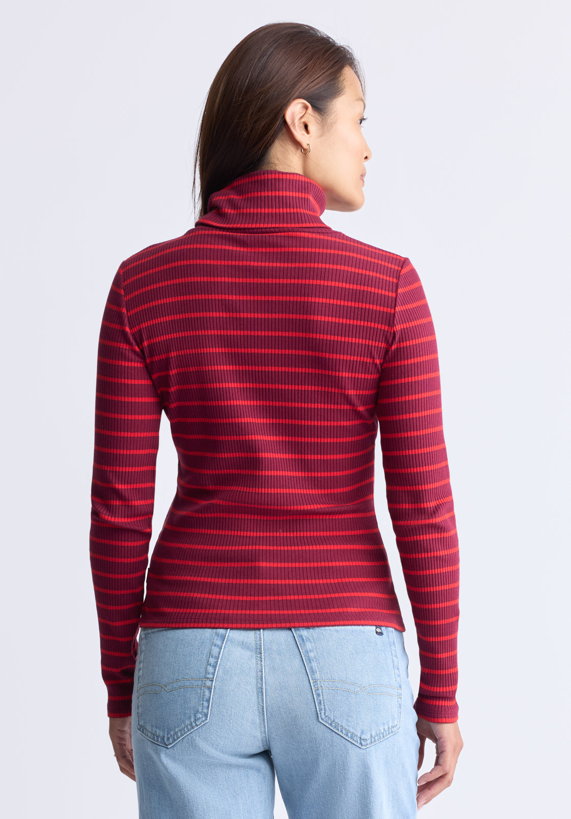 Mavra Women's Striped Ribbed Turtleneck Top. Red - KT0161F