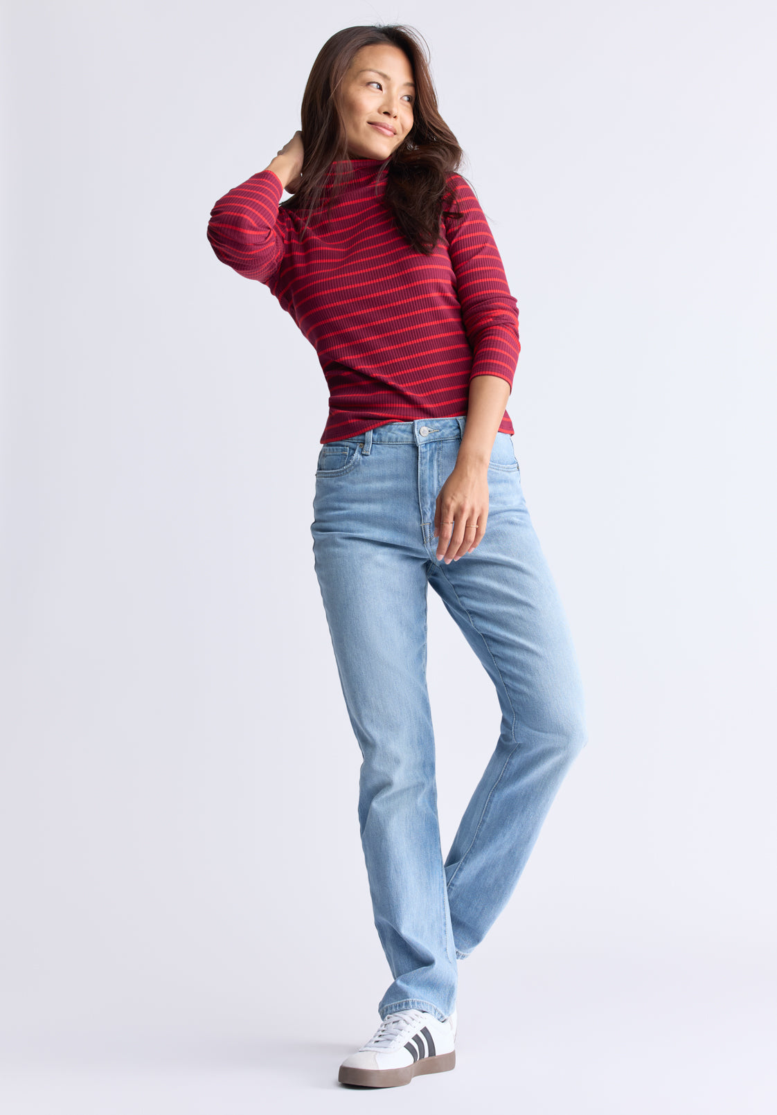 Mavra Women's Striped Ribbed Turtleneck Top. Red - KT0161F
