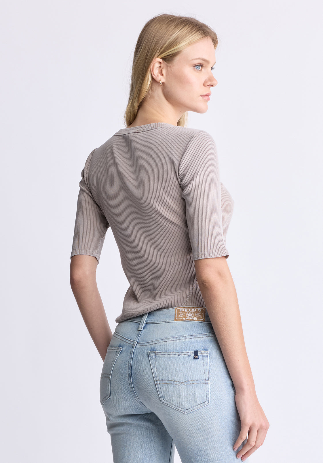 Tabbey Women's Ribbed Half-Sleeve Top. Taupe - KT0172H