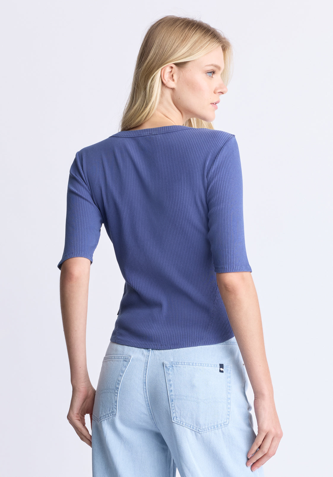 Tabbey Women's Ribbed Half-Sleeve Top. Blue - KT0172H