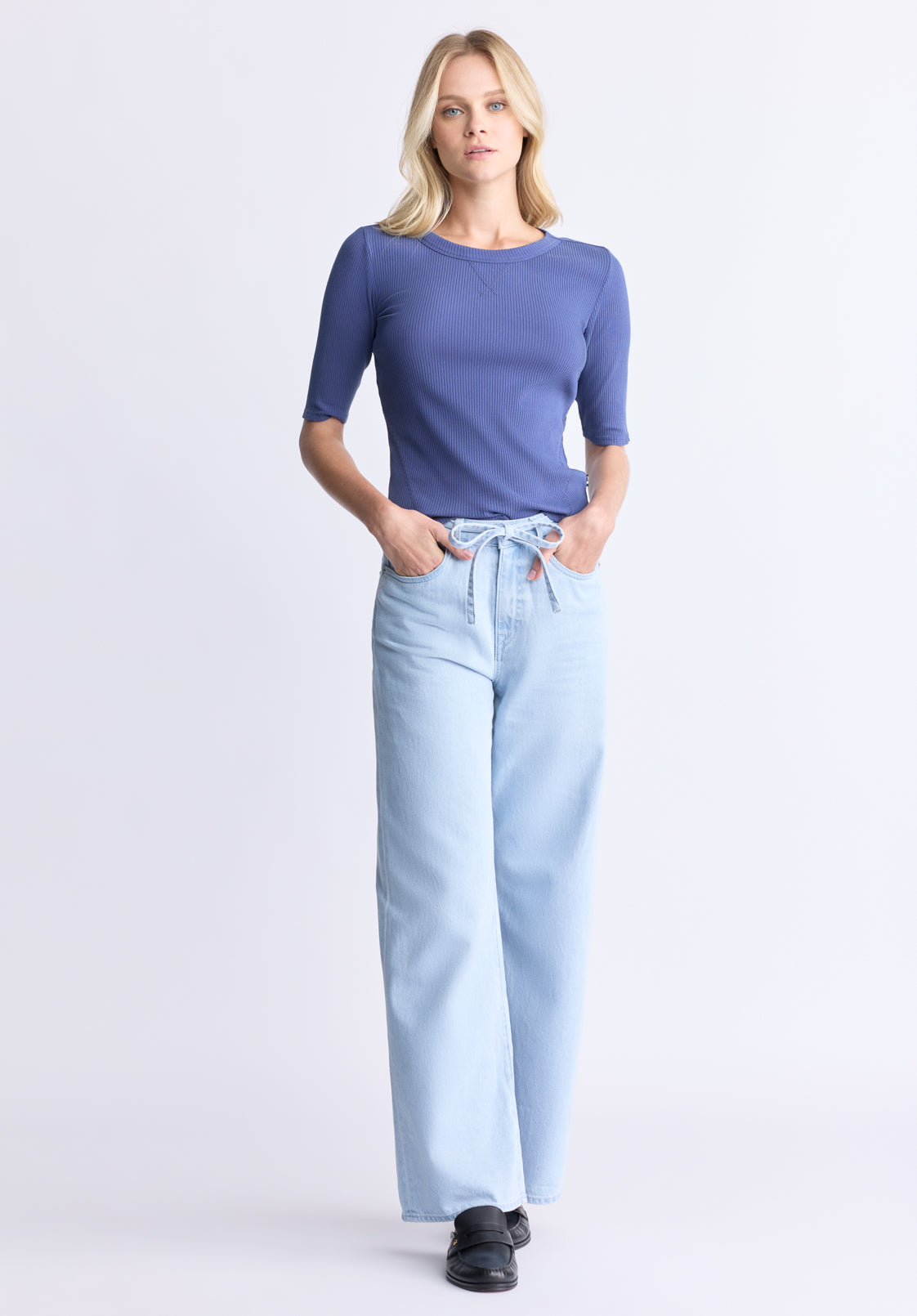 Tabbey Women's Ribbed Half-Sleeve Top. Blue - KT0172H