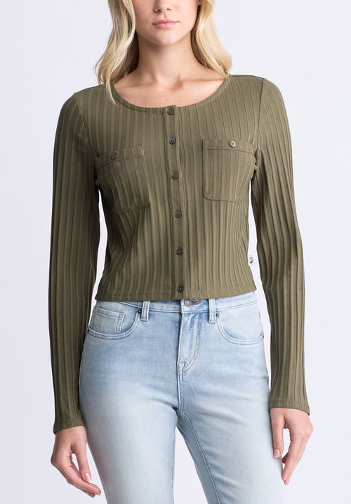 Albertina Women's Ribbed Long-Sleeve Button-Up Top. Olive Green - KT0205H