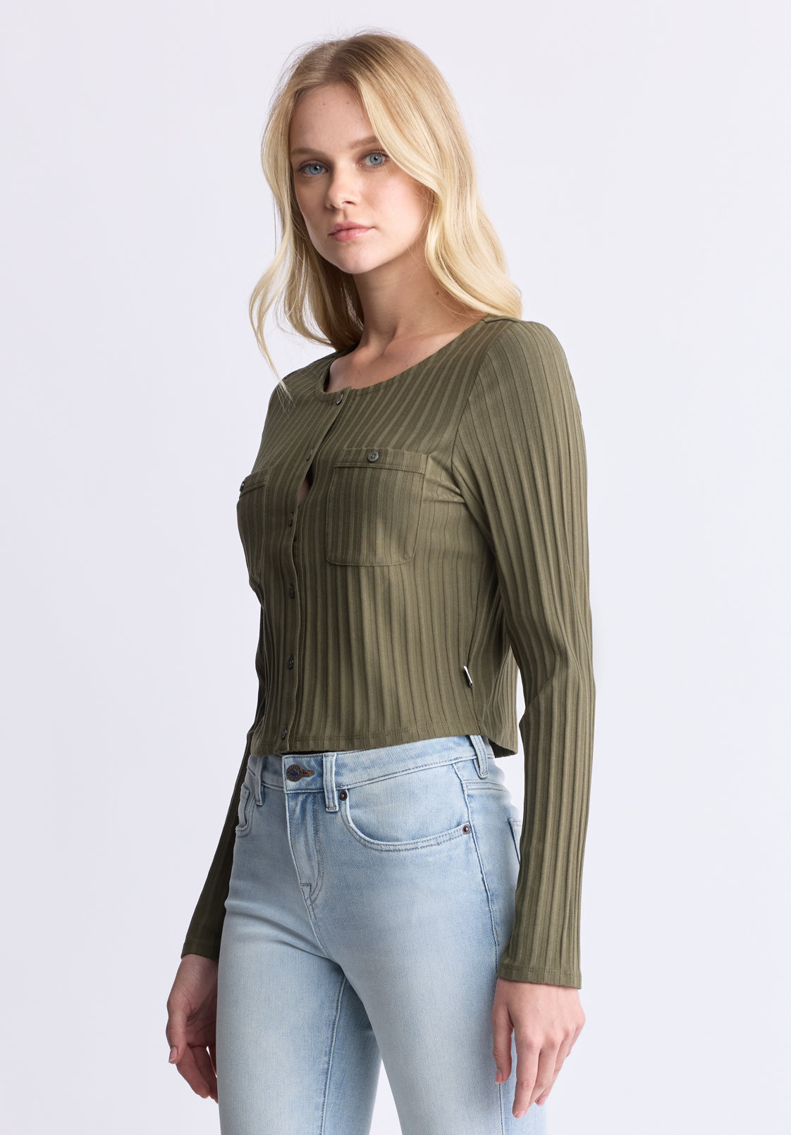 Albertina Women's Ribbed Long-Sleeve Button-Up Top. Olive Green - KT0205H