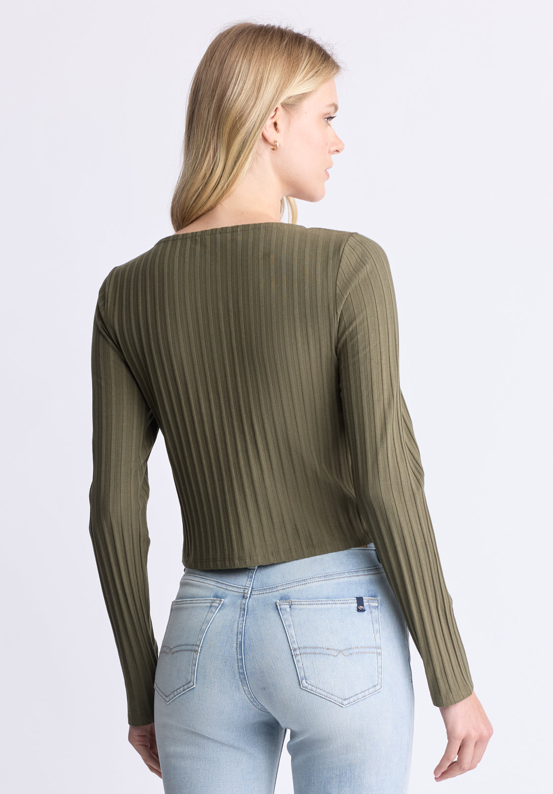 Albertina Women's Ribbed Long-Sleeve Button-Up Top. Olive Green - KT0205H
