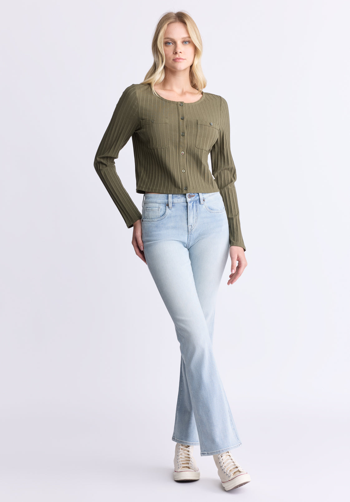 Albertina Women's Ribbed Long-Sleeve Button-Up Top. Olive Green - KT0205H