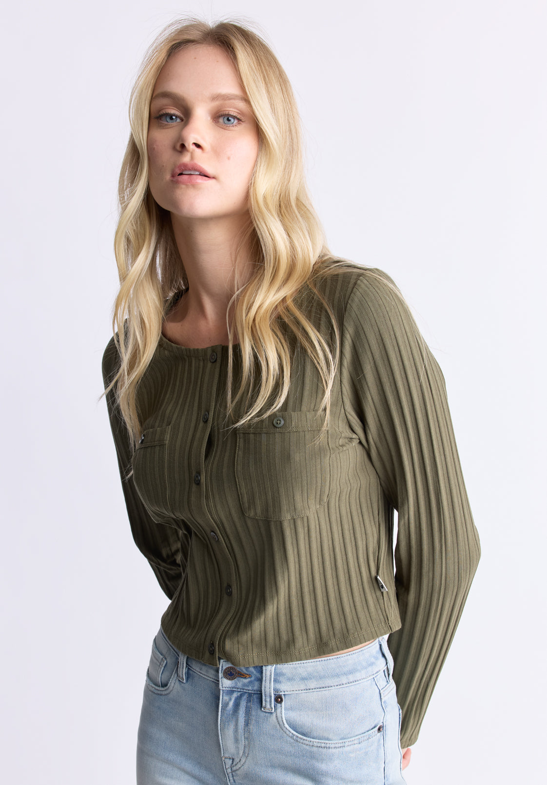 Albertina Women's Ribbed Long-Sleeve Button-Up Top. Olive Green - KT0205H