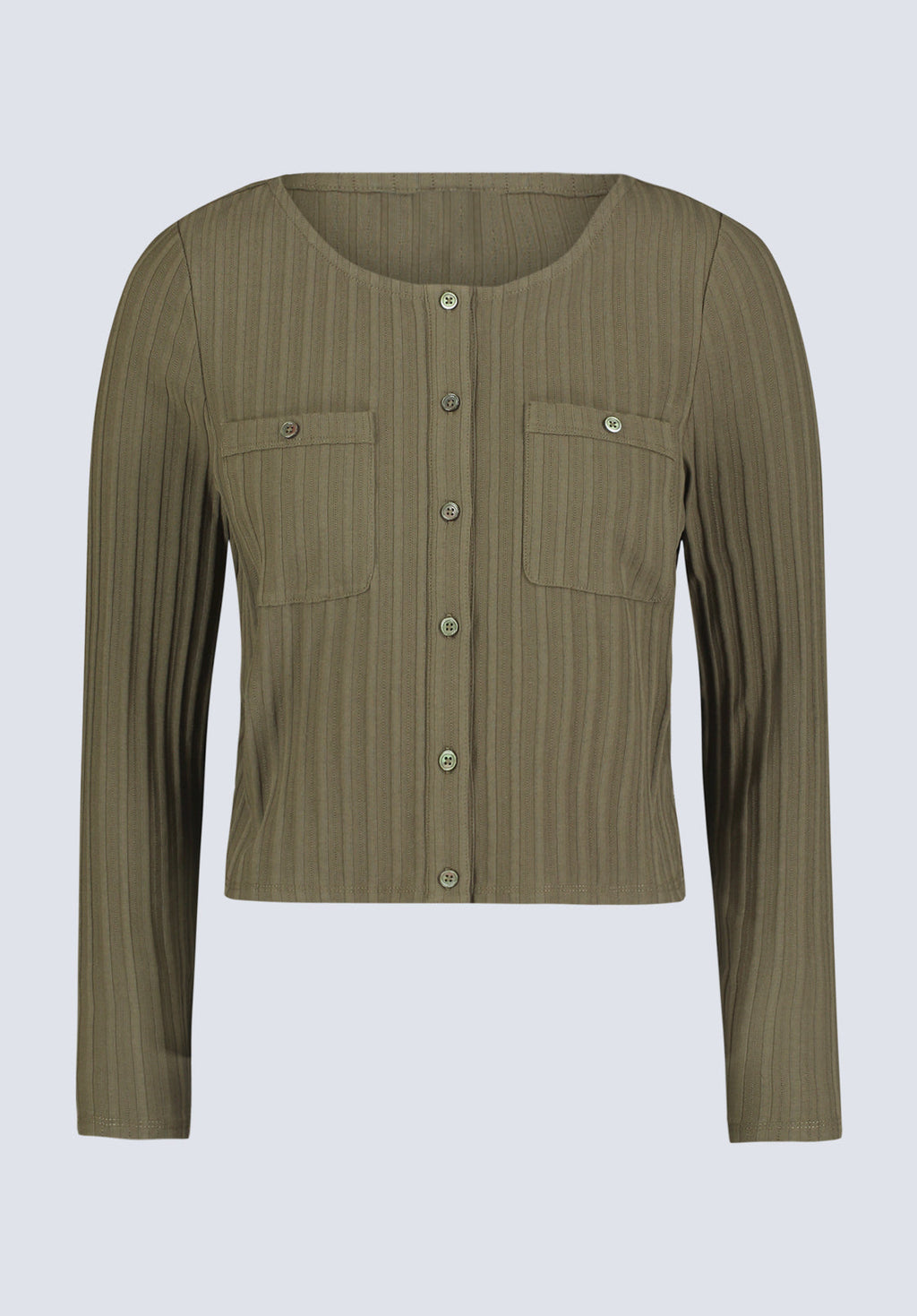 Albertina Women's Ribbed Long-Sleeve Button-Up Top. Olive Green - KT0205H