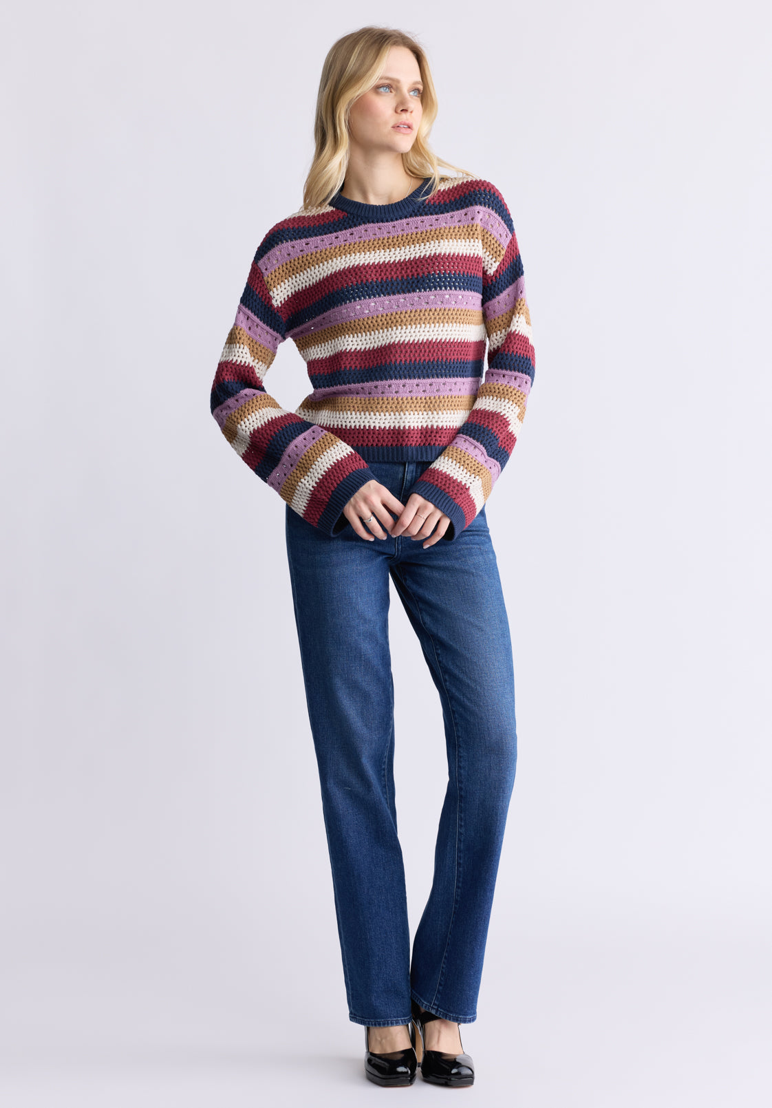 Wrenlee Women's Striped Openwork Knit Sweater. Beaujolais - SW0074F