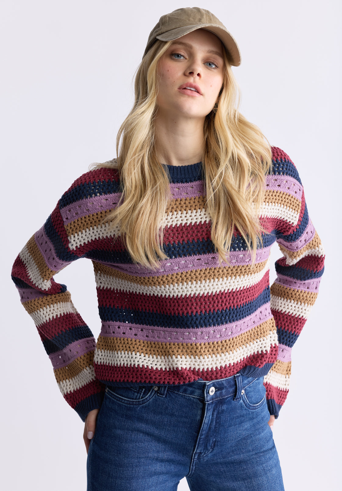 Wrenlee Women's Striped Openwork Knit Sweater. Beaujolais - SW0074F