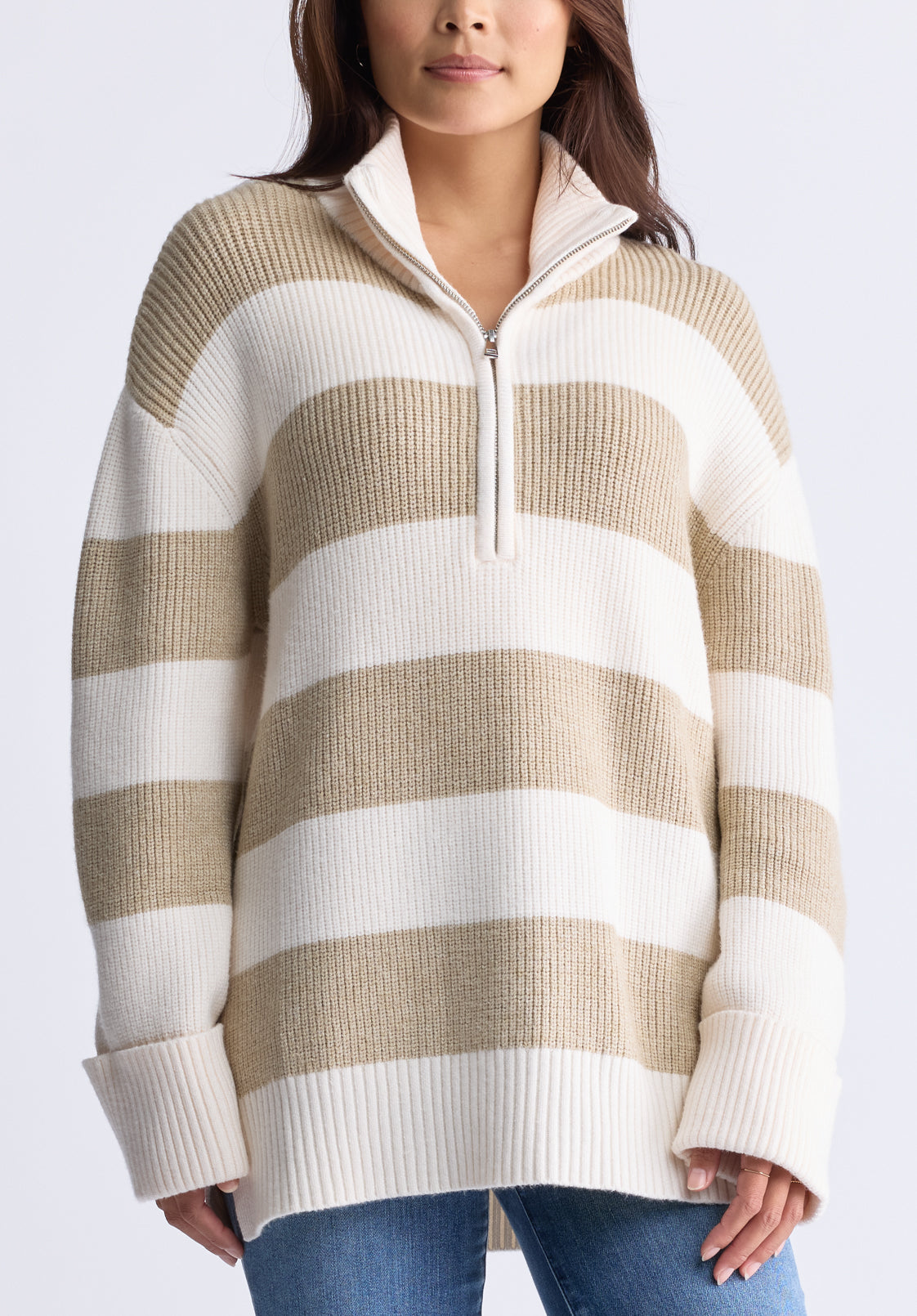 Storme Women's Striped Quarter-zip Oversized Sweater. Tan & White - SW0089H
