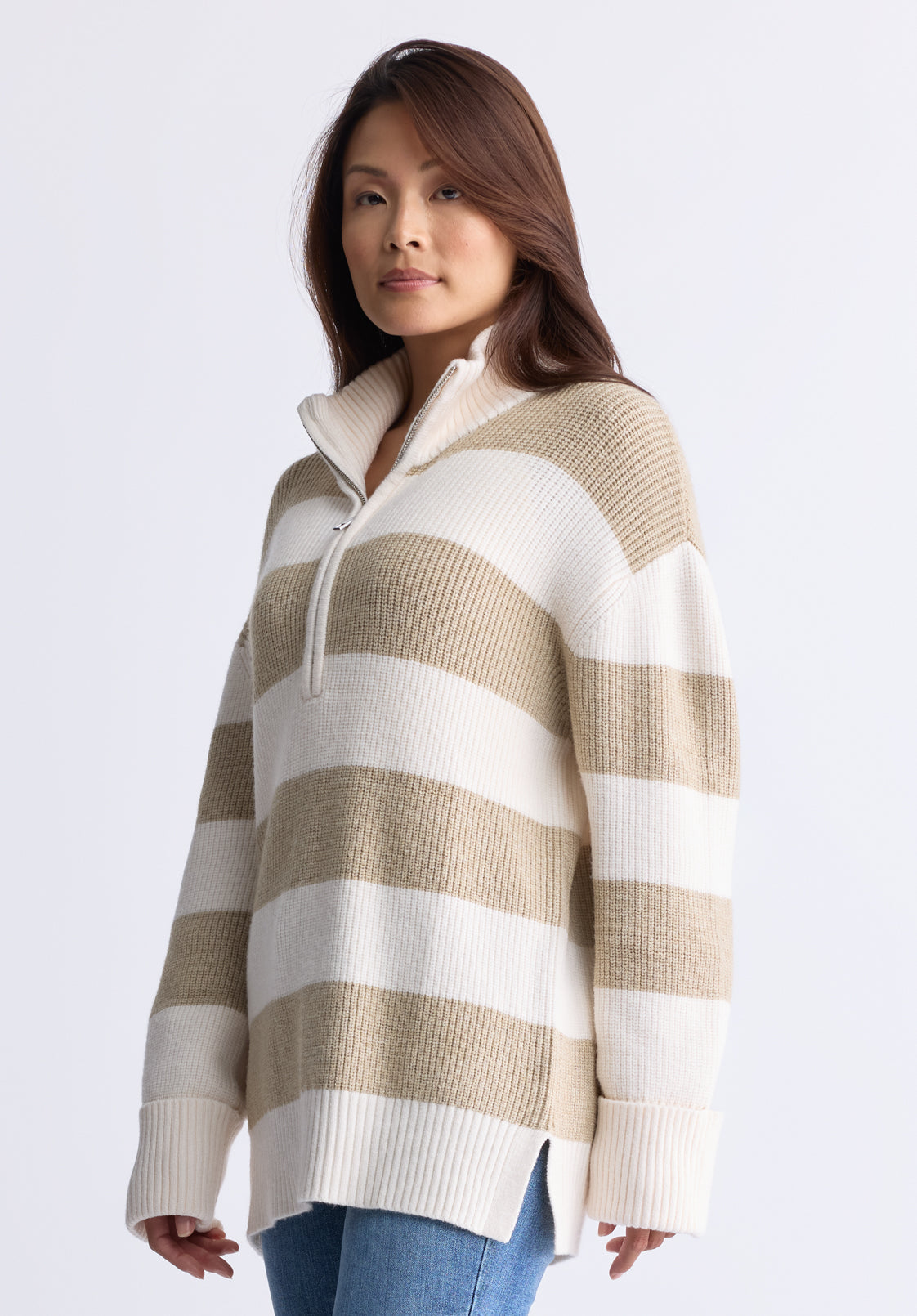Storme Women's Striped Quarter-zip Oversized Sweater. Tan & White - SW0089H