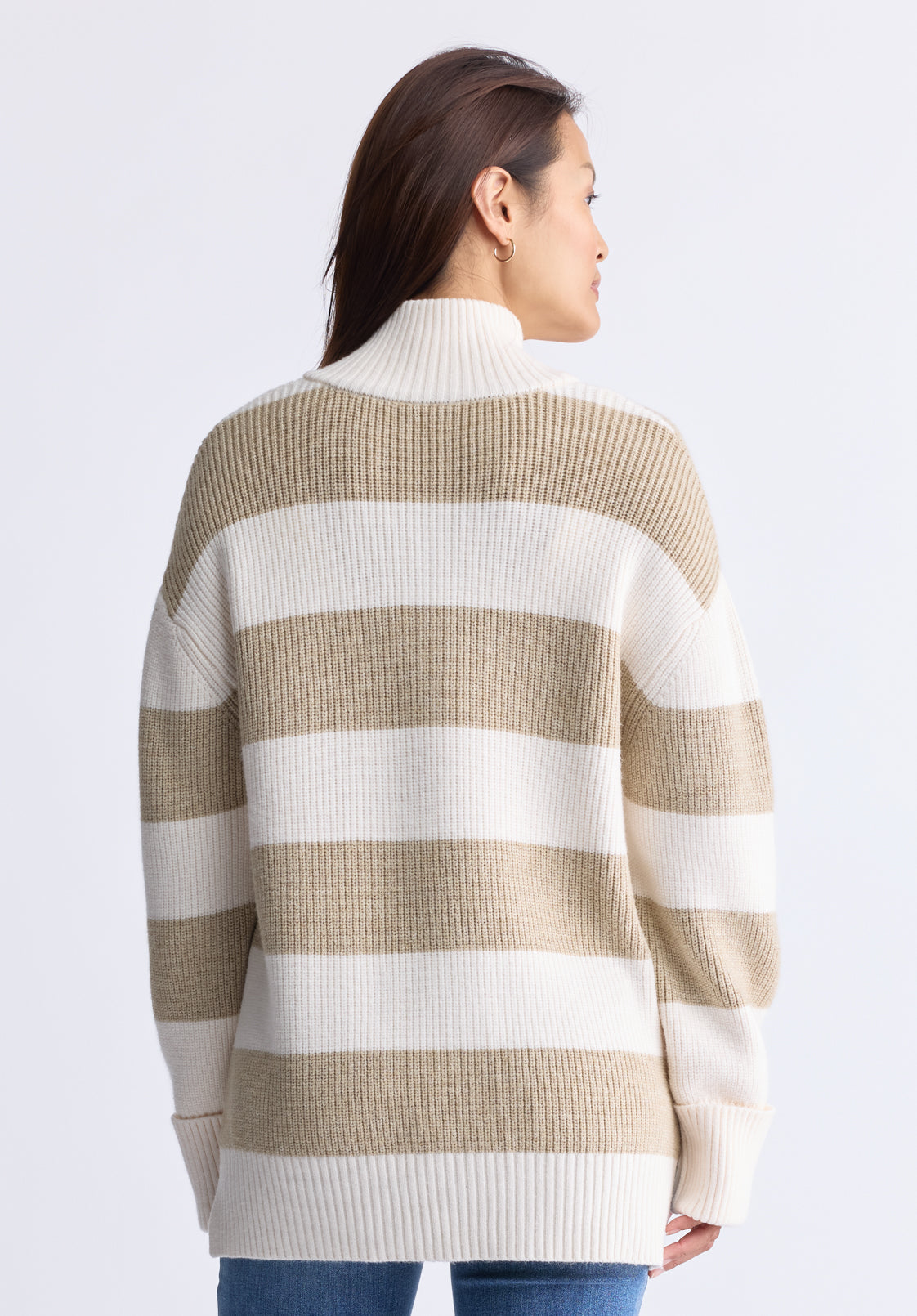 Storme Women's Striped Quarter-zip Oversized Sweater. Tan & White - SW0089H