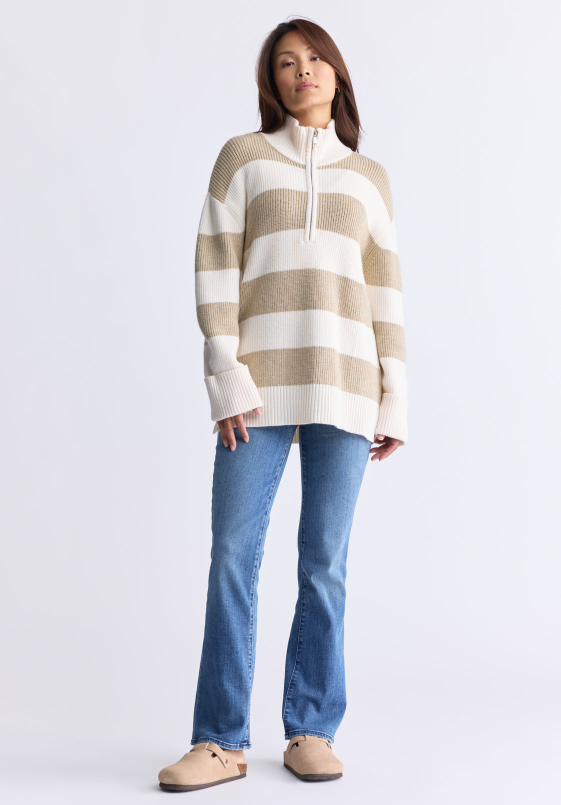 Storme Women's Striped Quarter-zip Oversized Sweater. Tan & White - SW0089H