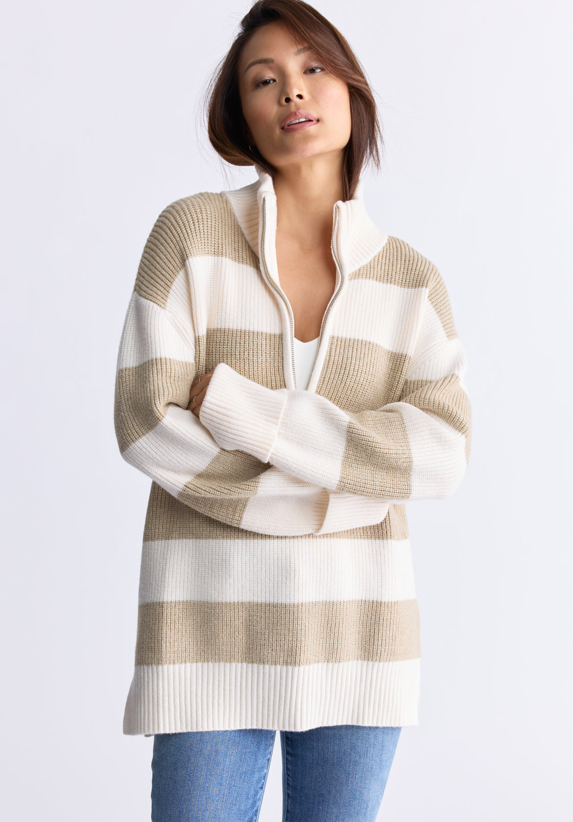 Storme Women's Striped Quarter-zip Oversized Sweater. Tan & White - SW0089H