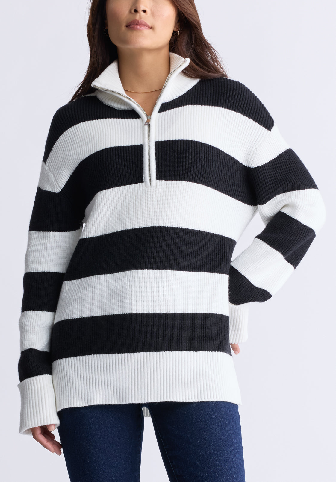 Storme Women's Striped Quarter-zip Oversized Sweater. Black & White - SW0089H