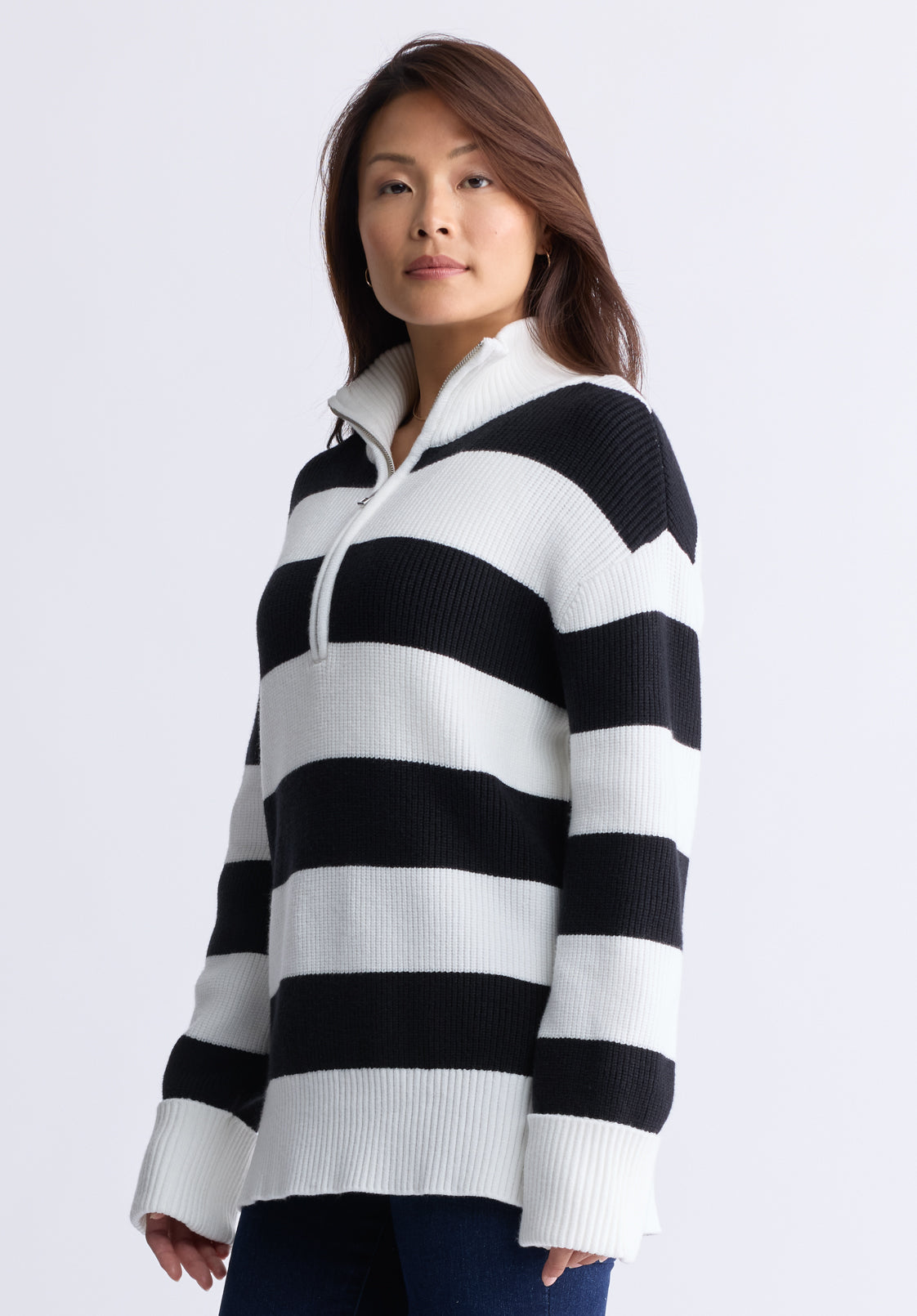 Storme Women's Striped Quarter-zip Oversized Sweater. Black & White - SW0089H