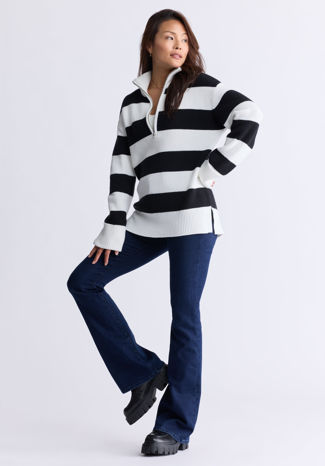 Storme Women's Striped Quarter-zip Oversized Sweater. Black & White - SW0089H