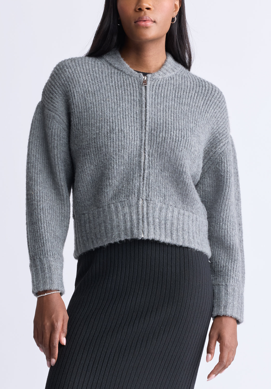 Rudie Women's Ribbed Knit Zip-Up Cardigan. Grey - SW0097H