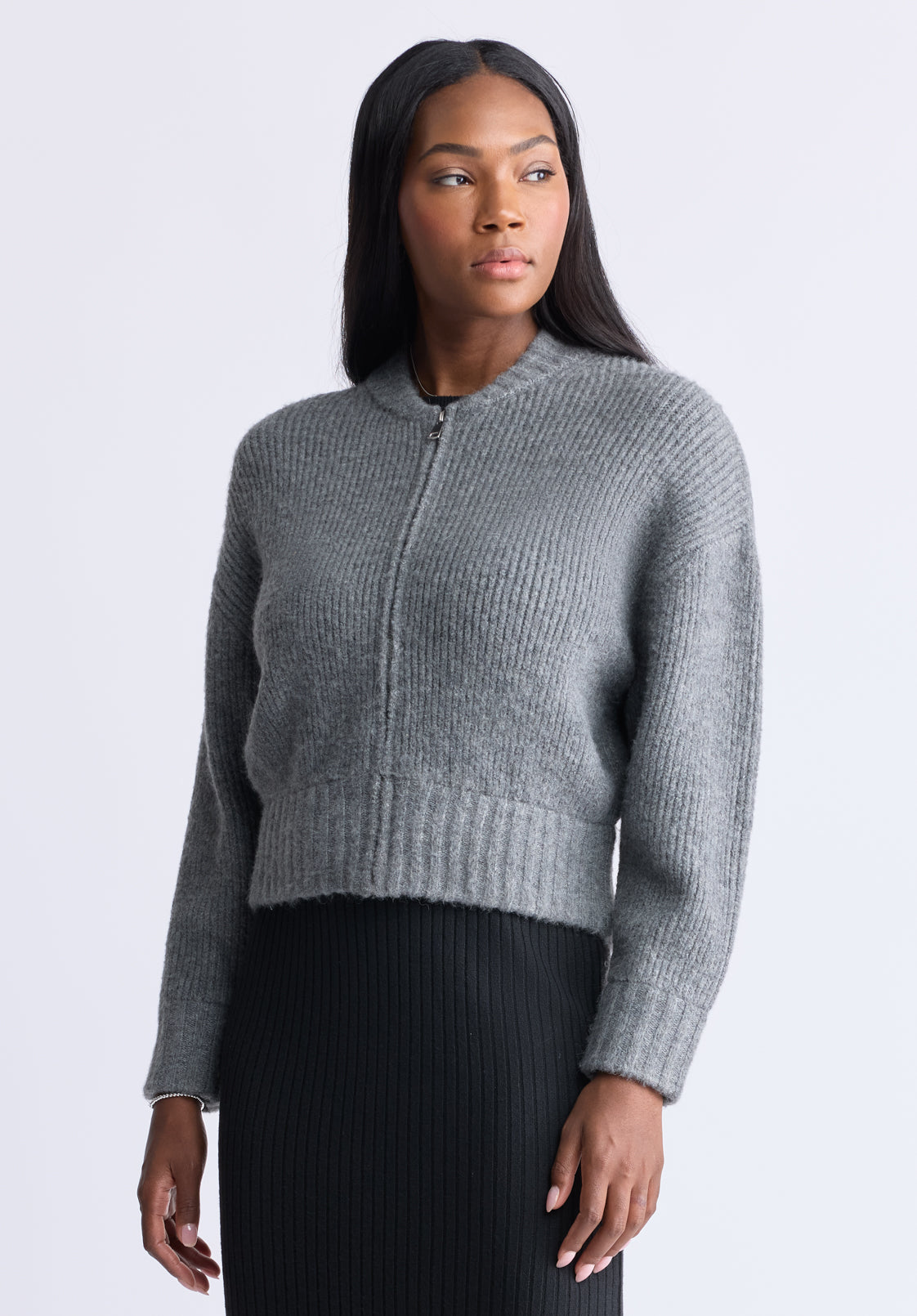Rudie Women's Ribbed Knit Zip-Up Cardigan. Grey - SW0097H