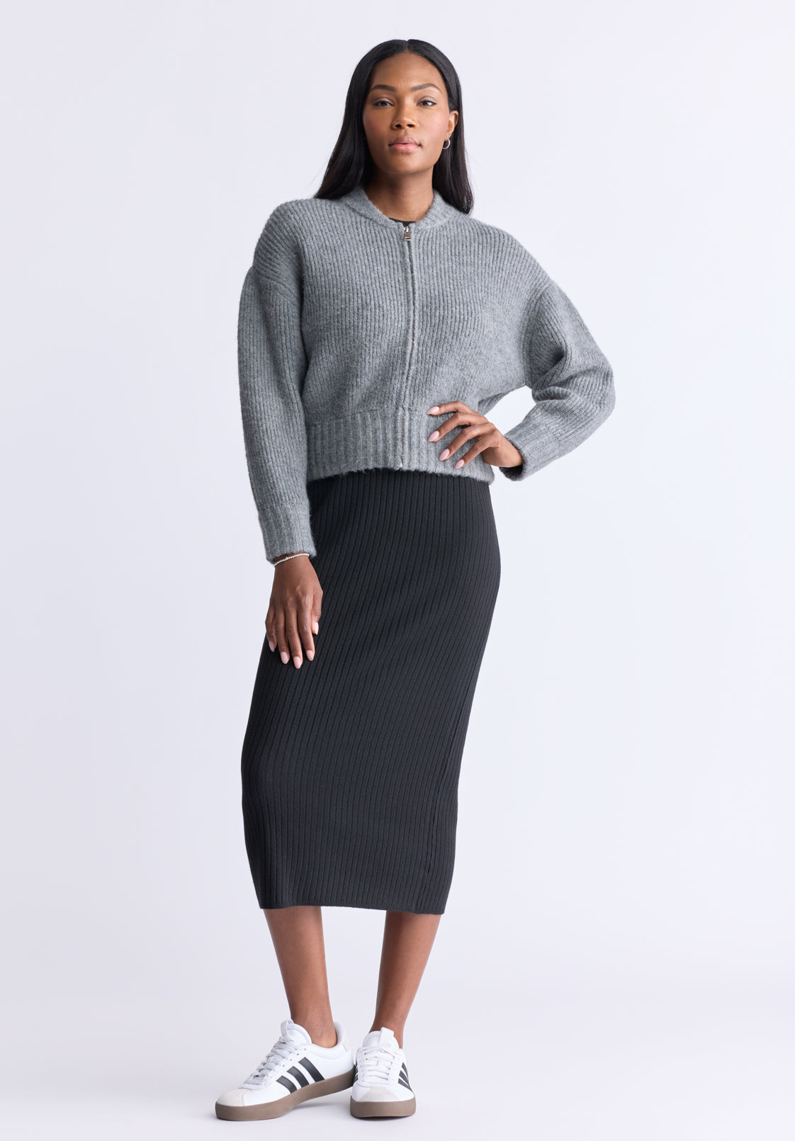 Rudie Women's Ribbed Knit Zip-Up Cardigan. Grey - SW0097H